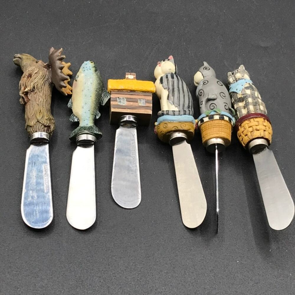 Set of 6 Pate' Butter Cheese Knives with 3 Cats 1 ea House, Fish, Moose Handles